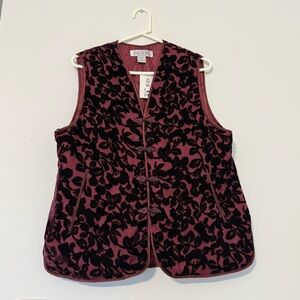 Deluxe 100% Silk Burgundy Floral Vest L New Lily Pattern with Suede-Like Texture